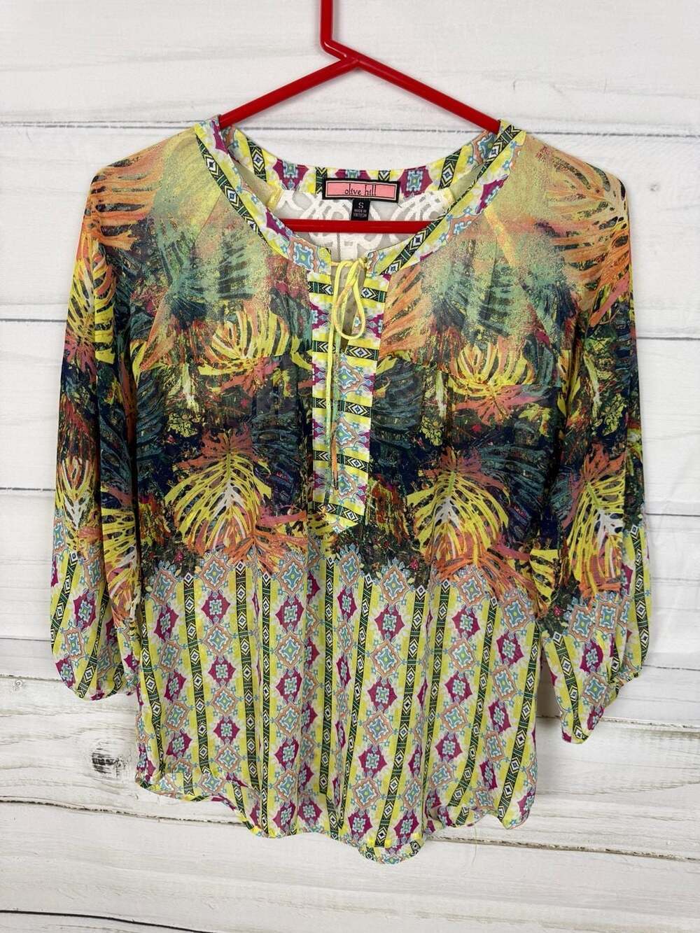 Olive Hill Mixed Print Lace Back Tie Neck Blouse